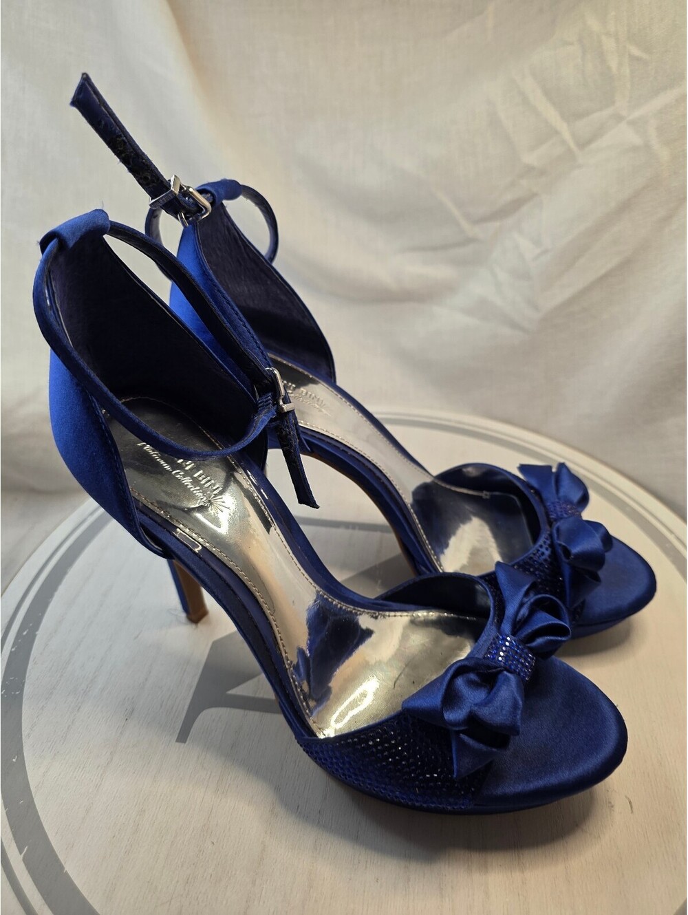 Gianni Bini Blue Satin High Heel Sandals with Bow Accent 4-inch heels